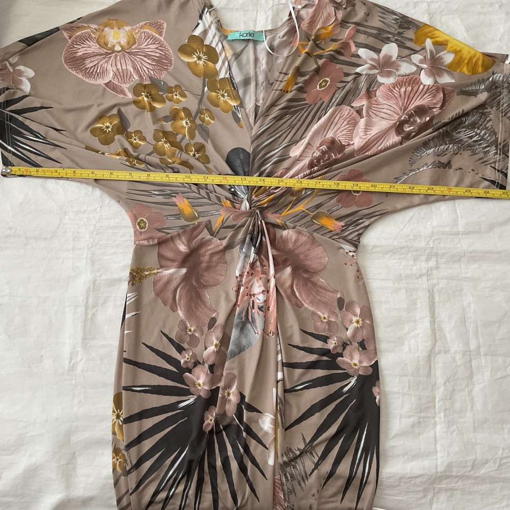 Karlie Dress Women S Taupe Tropical Twist Front Batwing Sleeve Resort Cocktail - Picture 13 of 15